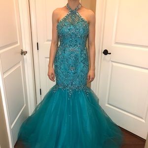 Turquoise Jeweled Formal Gown